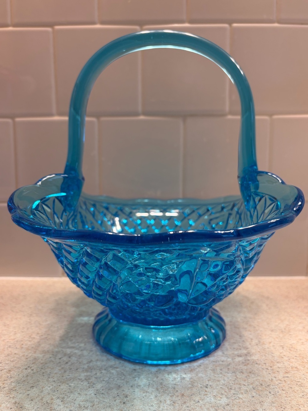 Vintage Fenton Blue Glass Basket Centerpiece - Picture 3 of 15